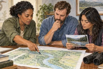 Environmental advisers compare a proposed route with landscape photographs.