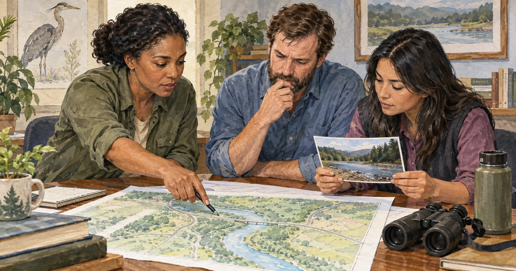 Environmental advisers compare a proposed route with landscape photographs.