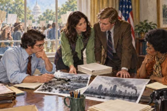 Federal staff considering environmental reports as activists gather outside.