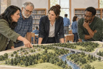 Conceptual watercolor painting of residents discuss environmental review of conceptual project.