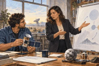 Painted illustration of a spacecraft engineer and policy adviser discussing a mission model.