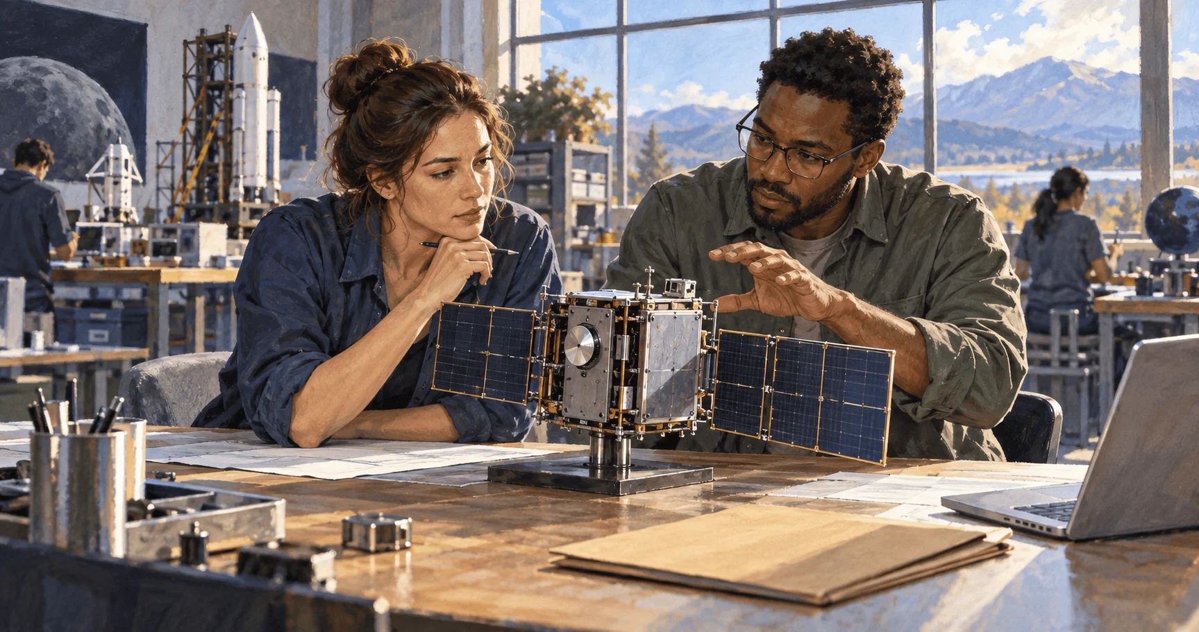 Conceptual painting of engineers studying a satellite model.