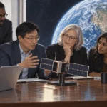 Conceptual painting of space-policy officials discussing a satellite model.