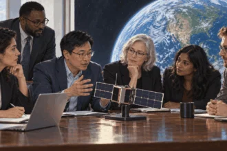 Conceptual painting of space-policy officials discussing a satellite model.
