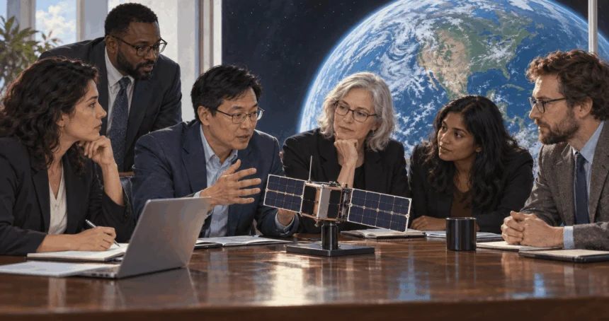 Conceptual painting of space-policy officials discussing a satellite model.