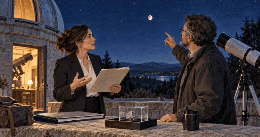 Scholar and astronomer discussing Moon property at an observatory.