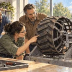 Conceptual watercolor painting of engineers inspecting a rover wheel test rig in an Earth workshop.