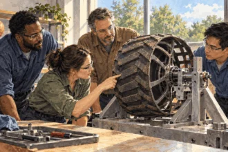 Conceptual watercolor painting of engineers inspecting a rover wheel test rig in an Earth workshop.