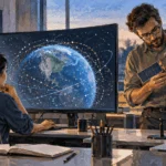 Conceptual painting of analysts examining orbital tracking information and a satellite model.