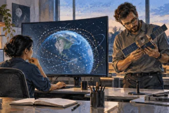 Conceptual painting of analysts examining orbital tracking information and a satellite model.