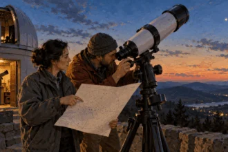 Painted illustration of astronomers checking a telescope and star chart.