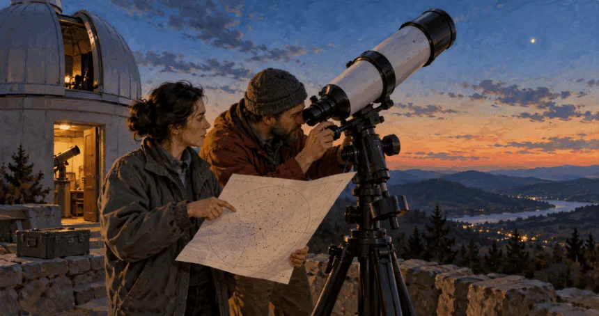 Painted illustration of astronomers checking a telescope and star chart.