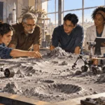 Painted illustration of engineers testing small rovers on a model lunar landscape.