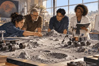 Painted illustration of engineers testing small rovers on a model lunar landscape.