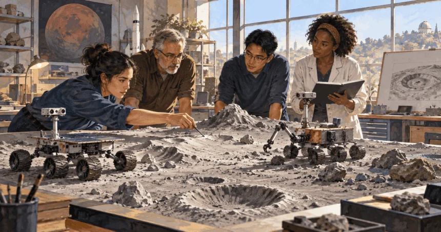 Painted illustration of engineers testing small rovers on a model lunar landscape.
