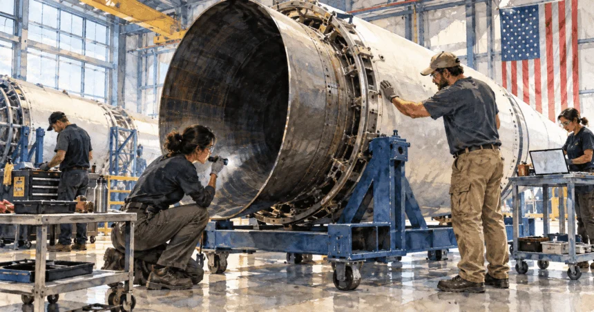 Conceptual painting of civilian technicians inspecting an unmarked rocket component in an aerospace hangar.