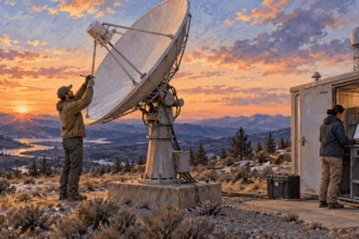 Conceptual painting of technicians working beside a ground communications antenna at dusk.