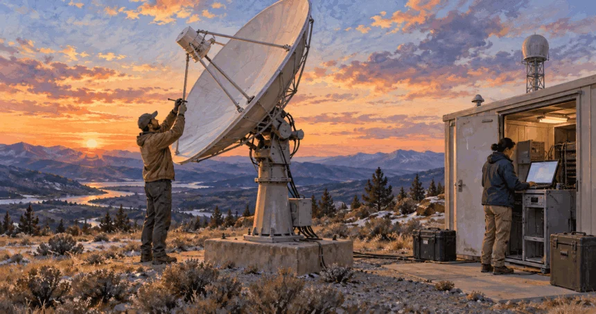 Conceptual painting of technicians working beside a ground communications antenna at dusk.
