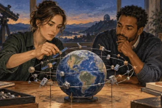 Conceptual painting of space-tracking analysts inspecting a tabletop orbital model.