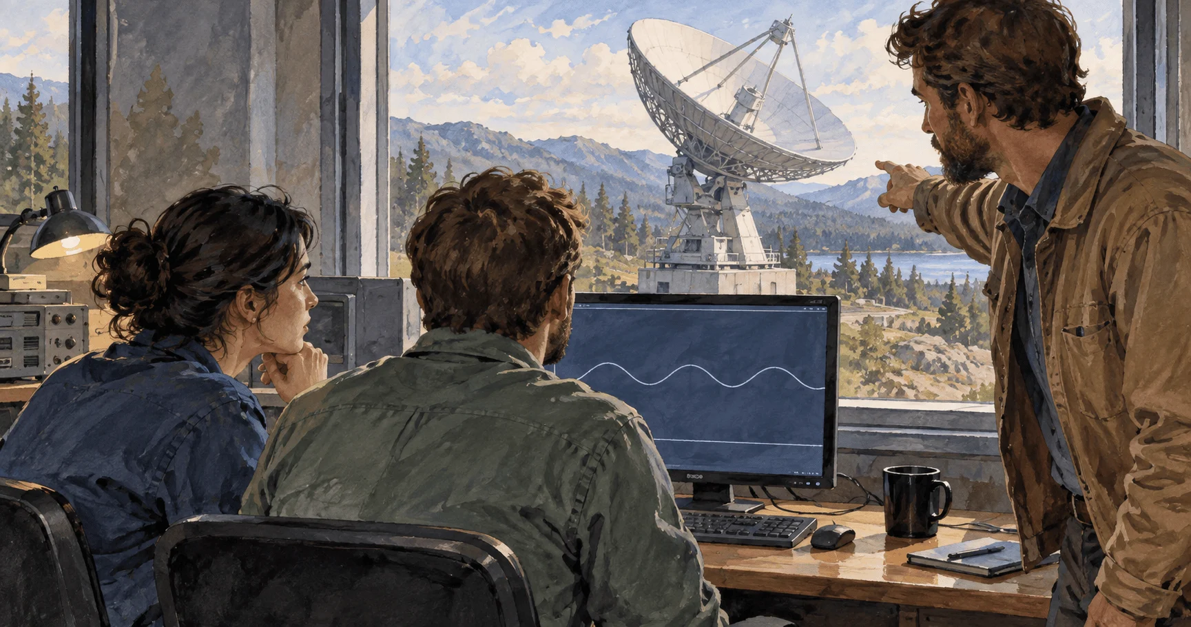Engineers investigate a possible satellite-signal interruption.