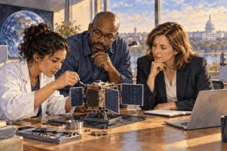 Conceptual watercolor of science and security advisers examining a satellite model.