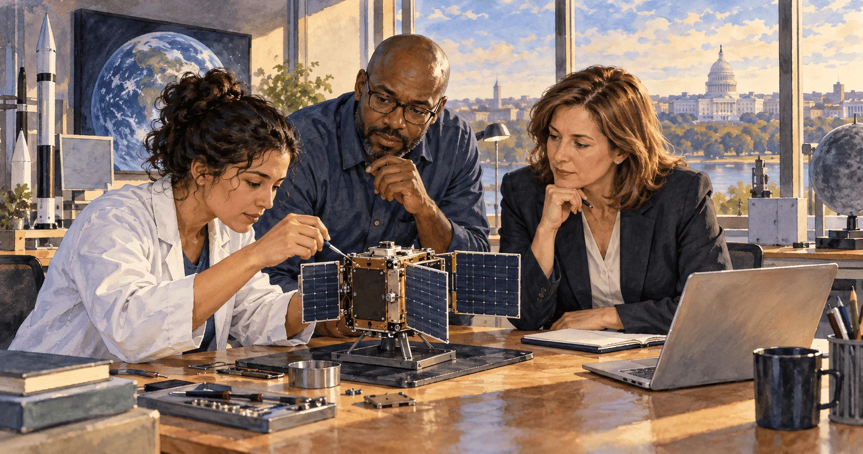 Conceptual watercolor of science and security advisers examining a satellite model.