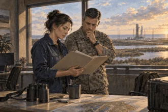 Painted illustration of civilian and military space workers observing a distant launchpad.