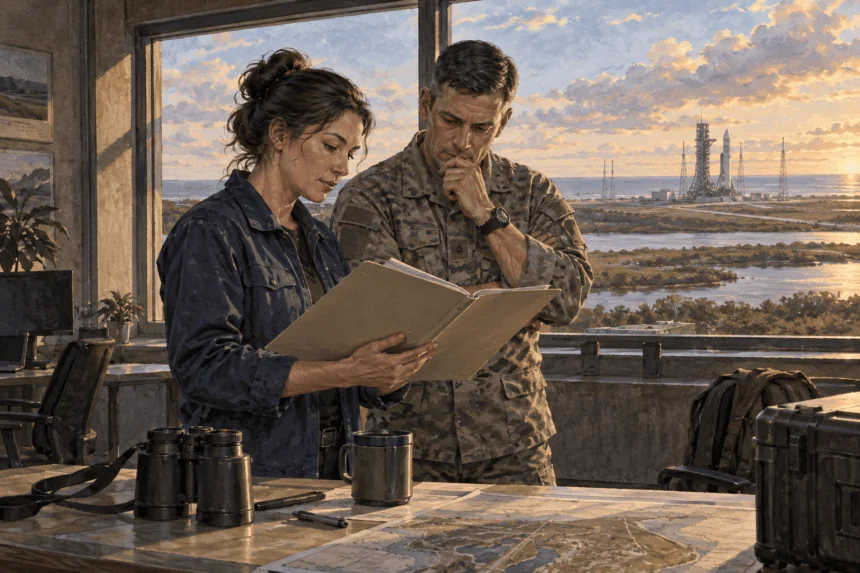 Painted illustration of civilian and military space workers observing a distant launchpad.