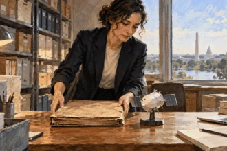 Conceptual painting of a researcher placing an archival folder beside a modern spacecraft model.
