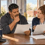 Conceptual painting of a government worker comparing benefits papers with a counselor.