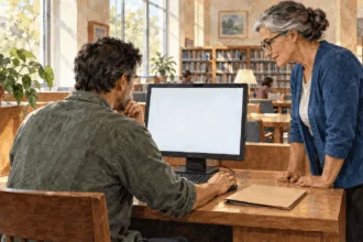 Conceptual watercolor painting of person seeks help using a public search computer.
