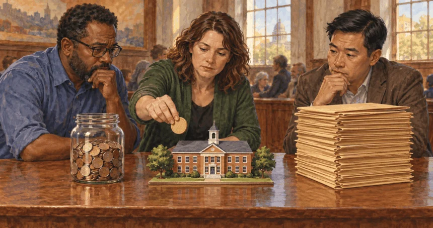 Painted scene of analysts considering revenue and public spending choices beside debt folders.