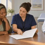 Conceptual painting of a volunteer and coordinator discussing a blank consent form.