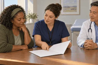 Conceptual painting of a volunteer and coordinator discussing a blank consent form.