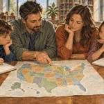 Conceptual painting of a family comparing different states for a possible move.
