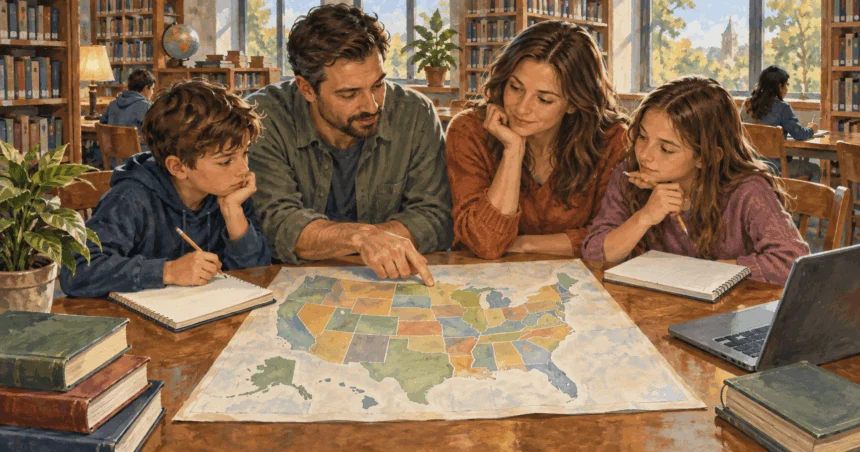 Conceptual painting of a family comparing different states for a possible move.