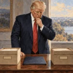 Conceptual painting of an historian comparing past peace-prize records with a nomination.