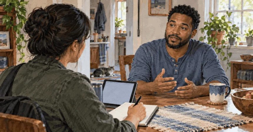 Conceptual painting of a household member speaking with a survey interviewer who takes notes at a home table.