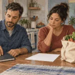 Conceptual painting of job seeker and a household partner at a kitchen table compare blank job-search notes and a grocery receipt while a radio economist speaks from an unmarked screen.