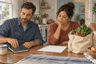 Conceptual painting of job seeker and a household partner at a kitchen table compare blank job-search notes and a grocery receipt while a radio economist speaks from an unmarked screen.