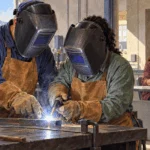Conceptual painting of a supervised welding lesson and job placement conversation.