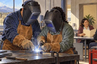 Conceptual painting of a supervised welding lesson and job placement conversation.