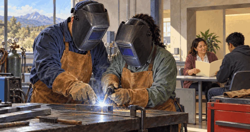 Conceptual painting of a supervised welding lesson and job placement conversation.