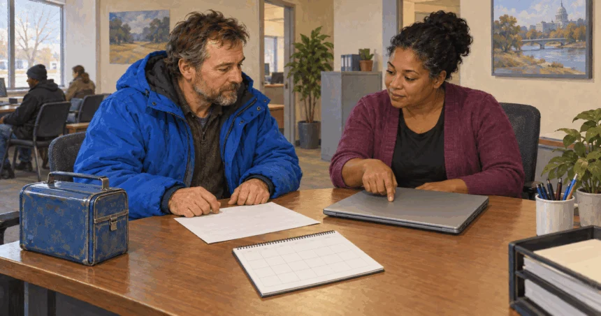 Painted scene of a laid-off worker reviewing an unemployment application with a workforce counselor.