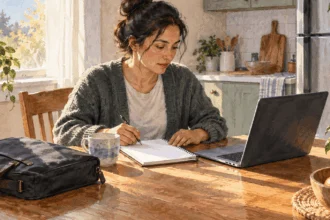 Conceptual painting of a worker organizing a notebook and laptop for a job search at home.
