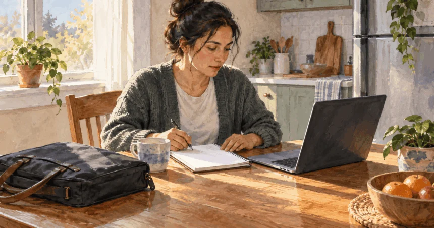 Conceptual painting of a worker organizing a notebook and laptop for a job search at home.