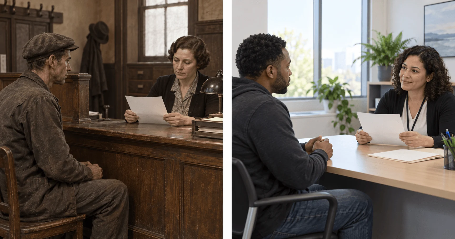 Painted paired scenes of unemployment assistance in the 1930s and today.