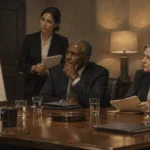 Civilian advisers question an intelligence briefing in an unmarked room.