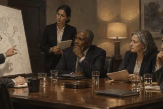 Civilian advisers question an intelligence briefing in an unmarked room.