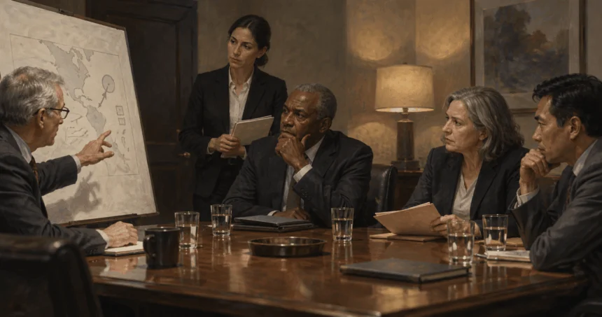 Civilian advisers question an intelligence briefing in an unmarked room.